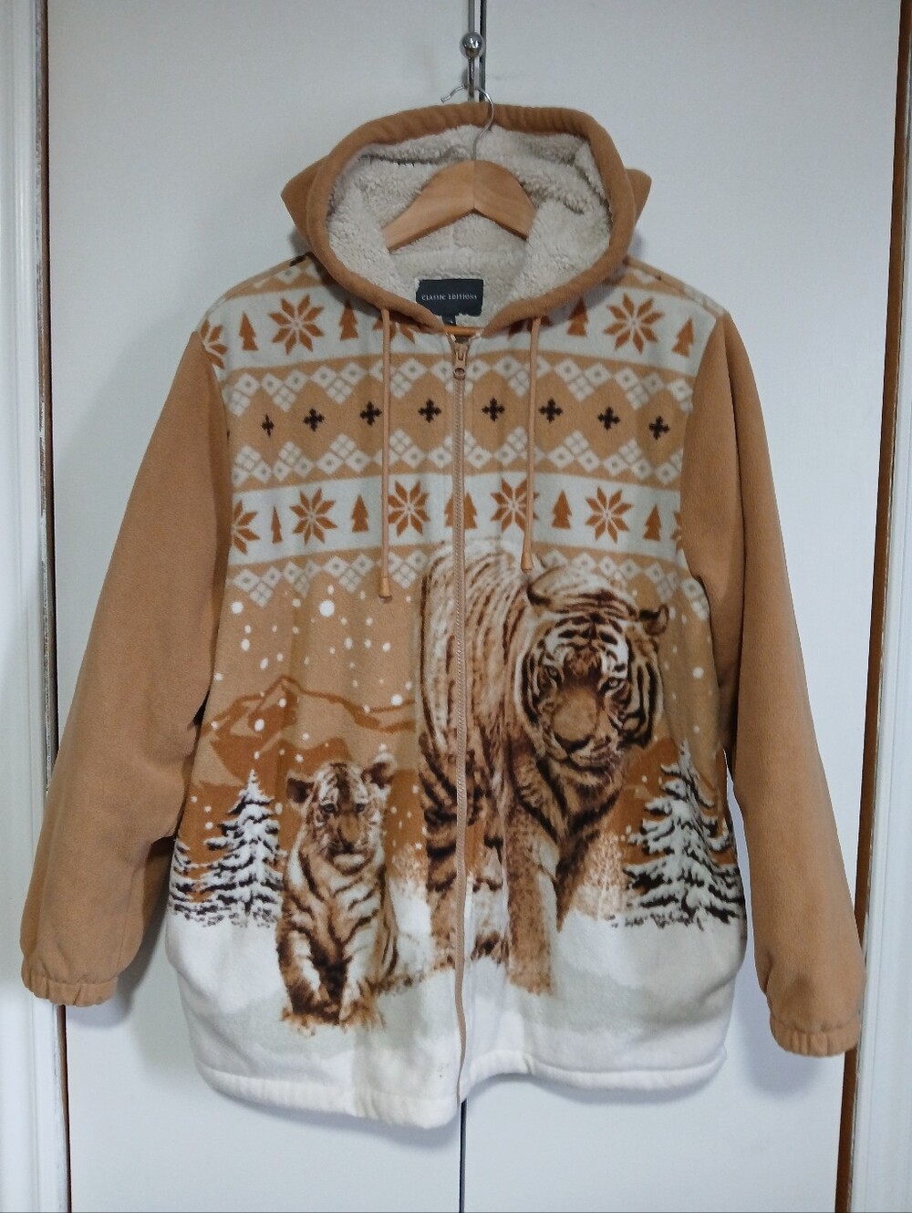 ​Vintage 90s Classic Editions Tiger Sherpa Lined Fleece Jacket Hooded Camel Lg